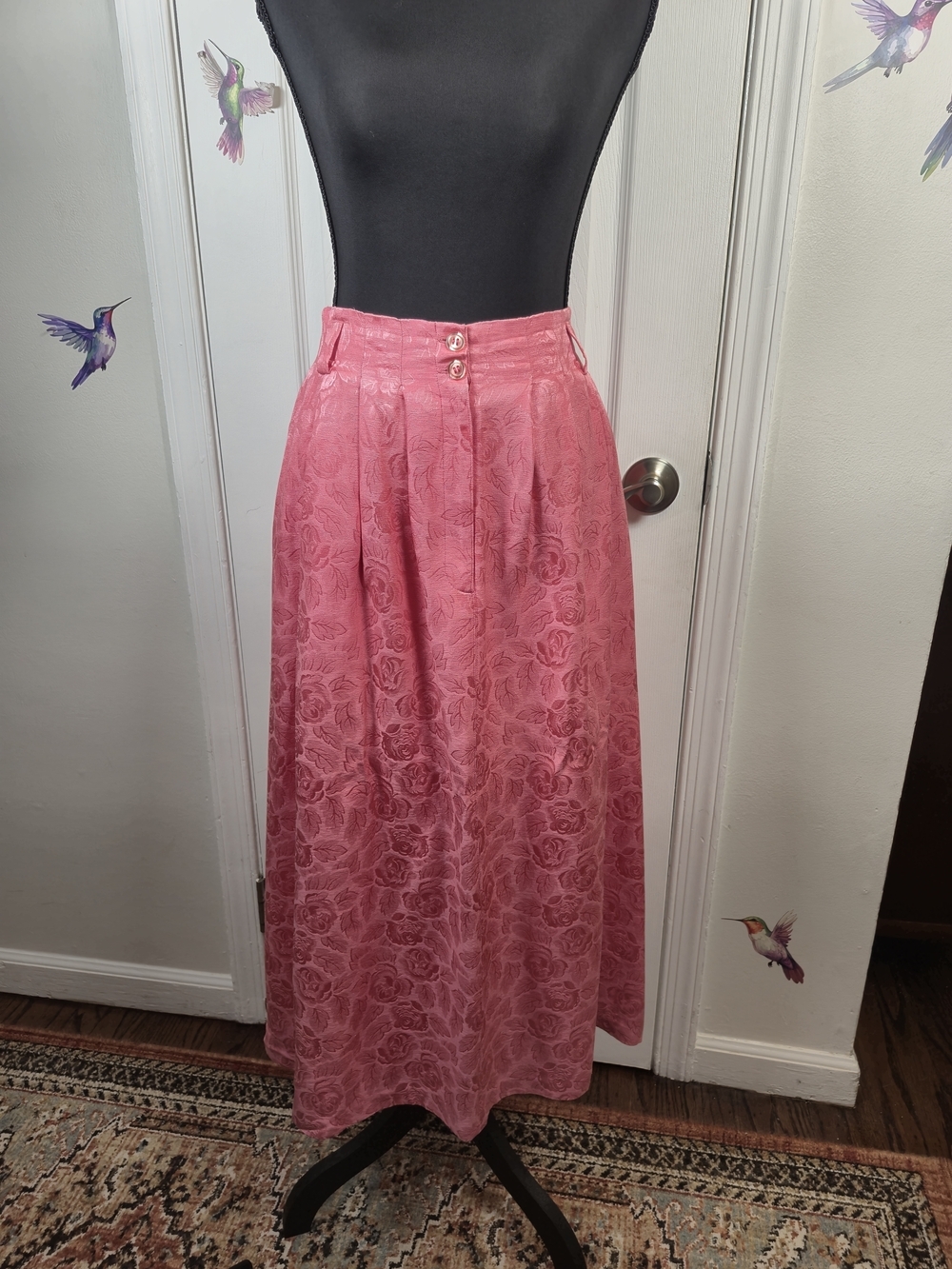 Vintage Outback Pink 100% Silk Jacquard Rose Floral Midi Skirt Size 6 - Picture 4 of 7